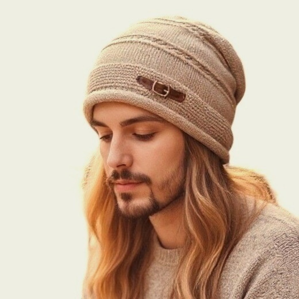 Slouchy Stretchy Winter Cozy Khaki Buckle Beanie Knit Hat OS‎ Thick Soft Lined
